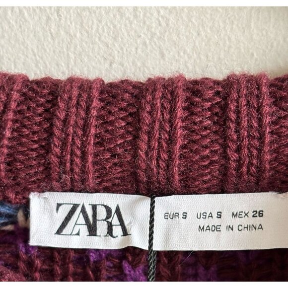 Zara Womens Oversized Contrasting Knit Jacquard Sweater Purple Beige Size S - Picture 8 of 10